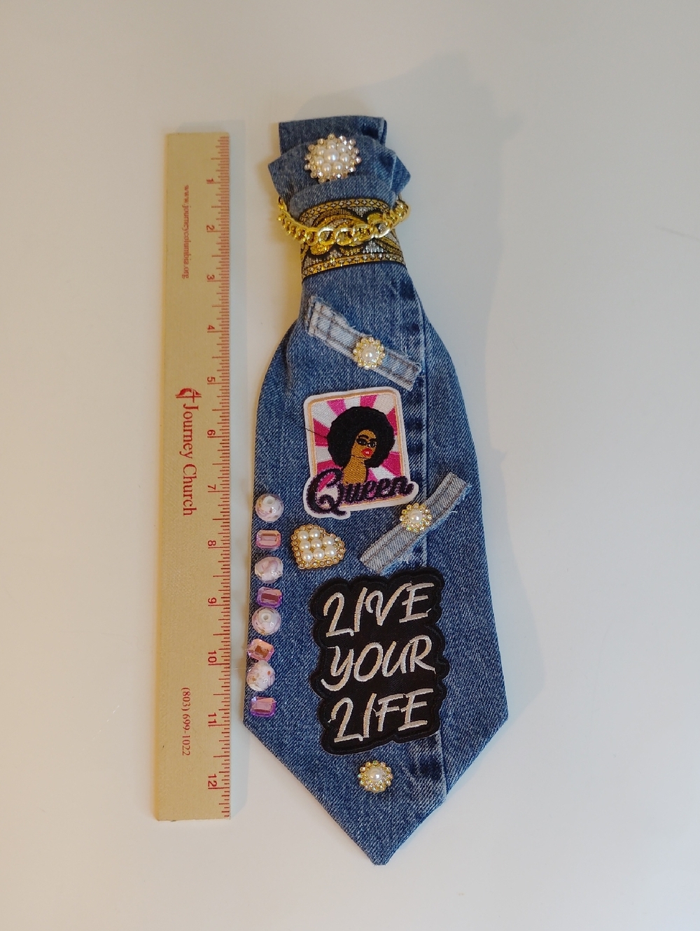Embellished Denim Tie with 'Live Your Life' Patch - Picture 3 of 3
